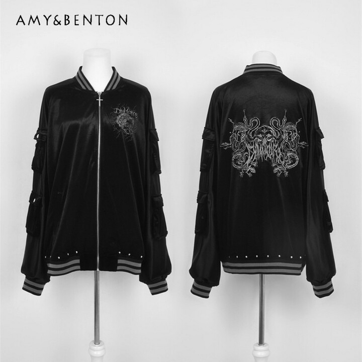 AMY & BENTON Japanese Mine Series Velvet Splicing Baseball Jacket Women Punk Style Retro Subculture Embroidery Oversized Zipper Jackets Goth