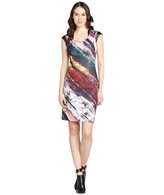Thumbnail for your product : Kay Unger red watercolor print and faux leather trim cap sleeve dress