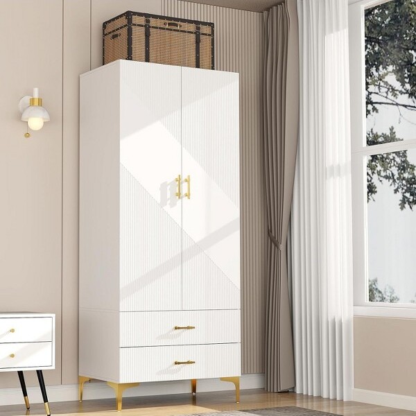 TiramisuBest2-DoorWardrobeArmoirewithDrawers&HangingRod,TwillWoodenClosetStorage,ModernWhite,20.4\