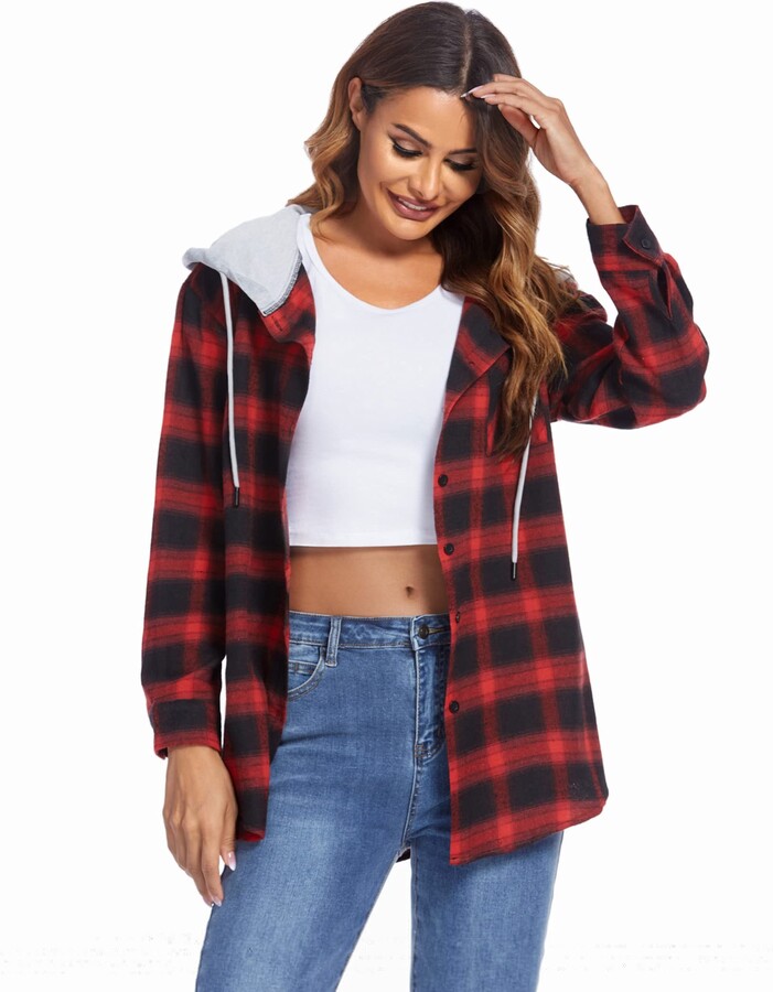 ELESOL Women Plaid Shirts Flannel with Hood Button Down