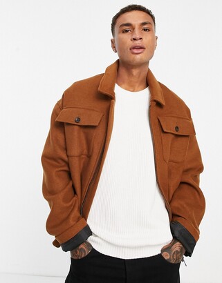 ASOS DESIGN oversized wool mix harrington jacket in brown - ShopStyle