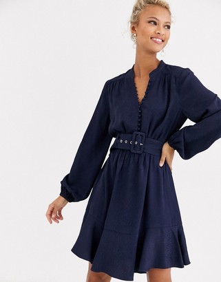 Forever New belted button up flippy hem dress in navy