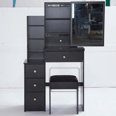 Latitude Run Small Space Left Bedside Cabinet Vanity Table + Cushioned Stool Extra Large Right Sliding Mirror Multi Layer High Capacity Storage Practical Fashio