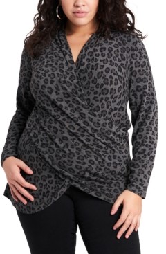 1 STATE Trendy Plus Size Leopard-Print Crossover Top