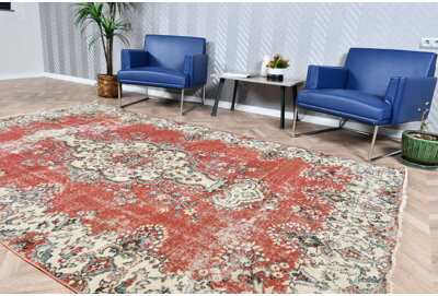 Bungalow Rose Large Red Turkish Vintage Wool Rug With Faded Oushak Style For Living Room Area