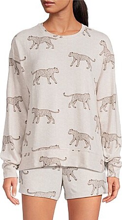 Jasmine & Ginger Jasmine Ginger Cheetah Print Long Sleeve Crew Neck Coordinating Knit Sleep Top