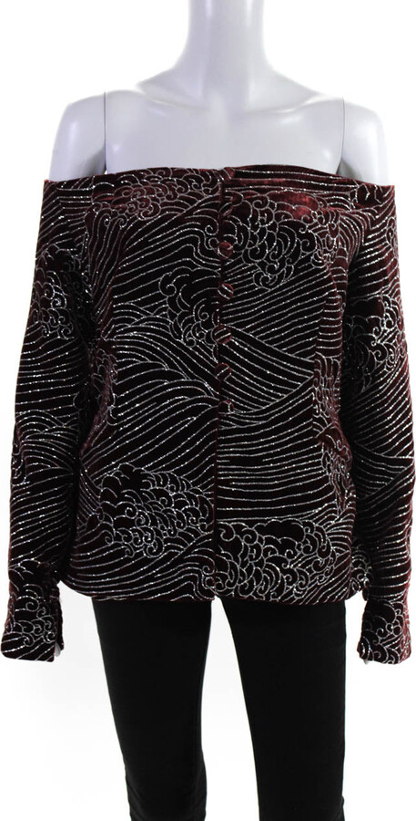 Sandra Mansour Womens Cloud Glittered Velvet Jacket Burgundy