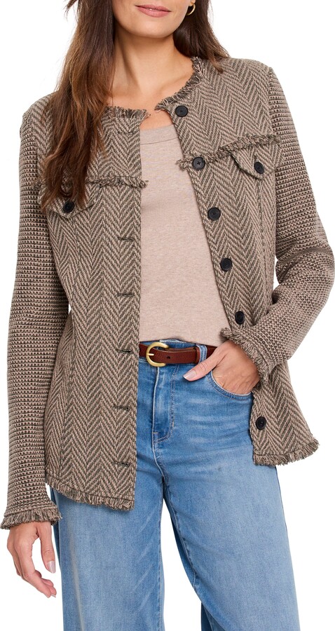 Nic+Zoe Fringe Mix Cotton Blend Knit & Woven Jacket