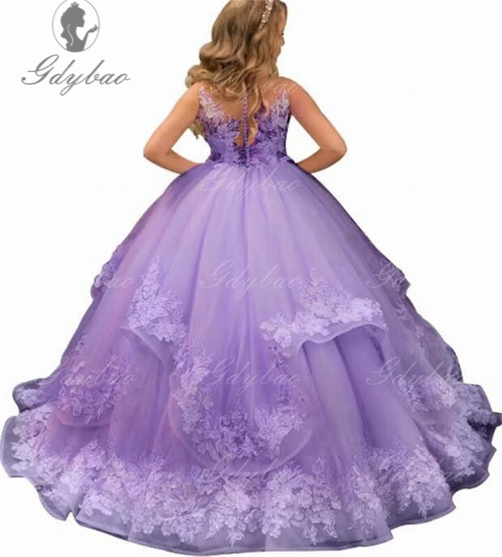 gdybao lavender Lace Tulle Ruffles Flower Girl Dress luxury Princess Communion Birthday Party Ball Gown Beauty Pageant Tailor-made Dres
