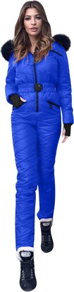 beetleNew Hooded Jumpsuit for Women Winter Warm Zipper Down Jacket Overalls Puffer Coat Casual Pockets Playsuit with Quilted Faux Fur Romper Footless Onesies All in One Snowsuit Outerwear (Blue-A