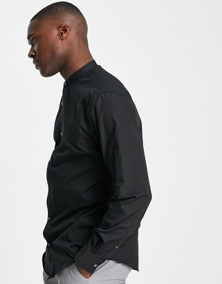 French Connection grandad collar slim fit shirt in black