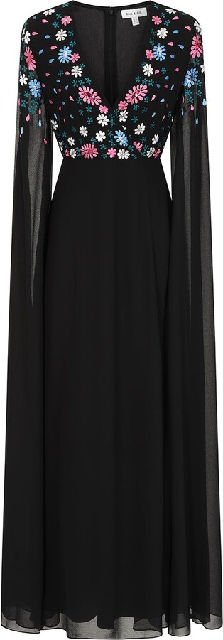 Frock and Frill Mayra Floral Embroidered Cape Sleeve Maxi Dress - Black
