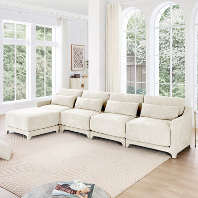 Latitude Run Four - seater sofa 1 movable ottoman Chenille fabric high - quality wooden base ergonomic High - resilient sponge easy install Suits studies l