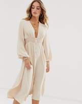Thumbnail for your product : ASOS Design DESIGN long sleeve button through midi dress with shirred waist