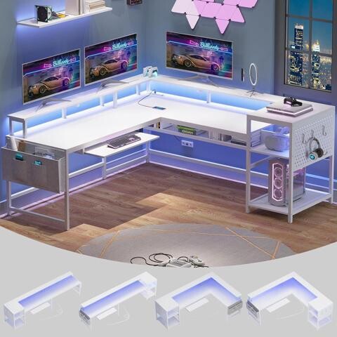 miqpower SEDETA L. Shaped. Gaming Desk, Reversible. Home Office. Desk or Corner Desk,.Gaming Desk. with. Power. Outlets.&.LED. Strip, Monitor. Shelf,.Keyboard. Tray,...