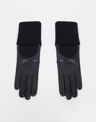 ASOS DESIGN touch screen leather glove with long knitted rib trim in black