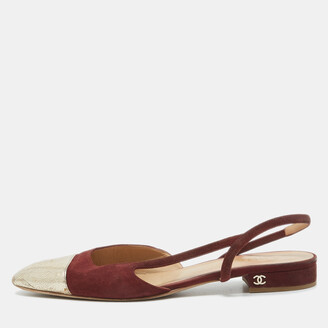 Chanel Burgundy/Gold Suede and Leather Cap Toe Slingback Flats
