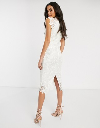 Paper Dolls Tall high neck cap sleeve lace midi dress in winter white