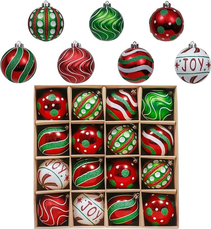 Valery Madelyn Christmas Ornaments Set, 16ct Red Green White Shatterproof Christmas Tree Decorations Ball Ornaments Bulk, 3.15 Inch Vintage Hanging Ornaments for Xmas Trees Holiday Party Decor