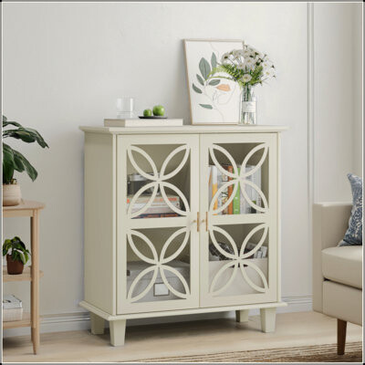 Winston Porter Sideboard Buffet Storage Cabinet  Freestanding Bathroom Cabinet With Tempered Glass Doors Modern Retro Kitchen Console Table 2-Door Decorative Stor