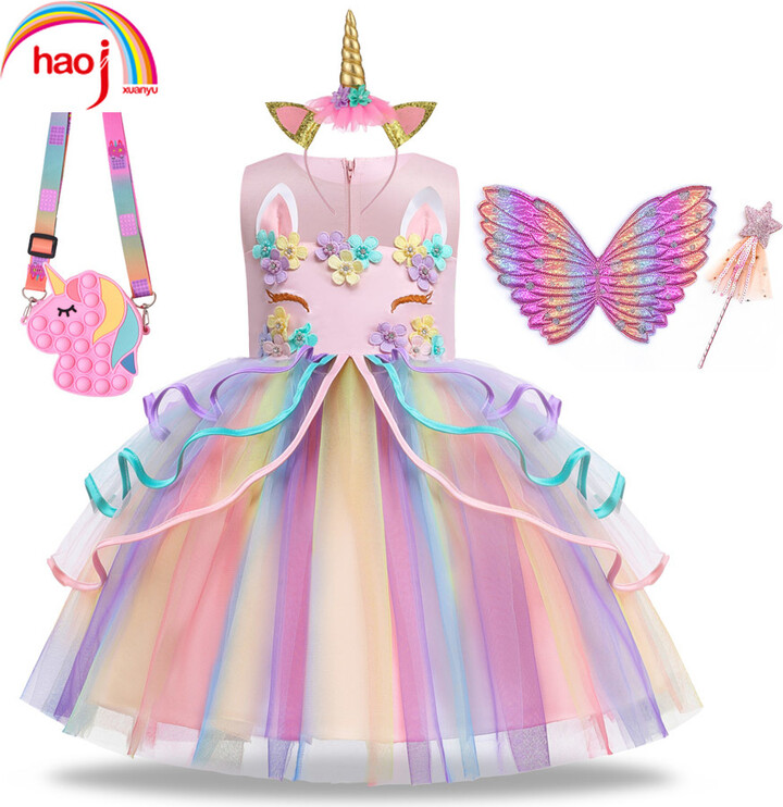 haojxuanyu Summer Dress Girl Unicorn Cosplay Costume Children & apos;s Day Mesh Rainbow Tulle Princess Dress for Birthday Gift Kids Fashion Dress