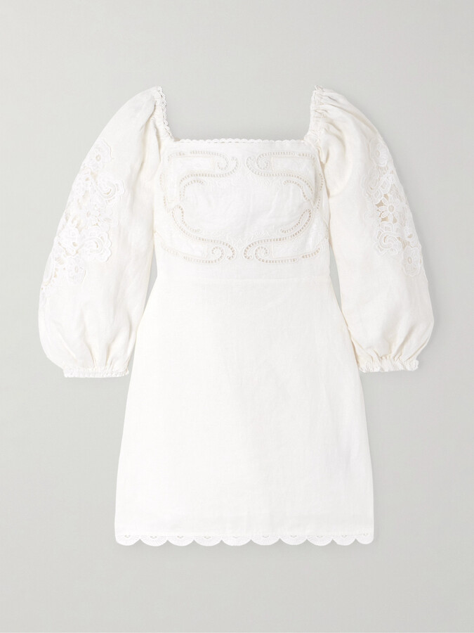 Farm Rio Scalloped Broderie Anglaise-trimmed Linen Mini Dress - White
