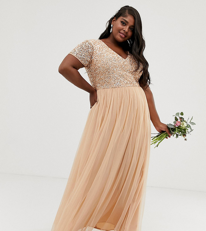 Maya Bridesmaid V neck maxi dress with delicate sequin in soft peach -  ShopStyle