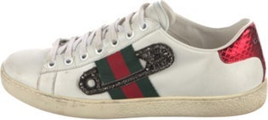 Gucci Leather Low Top Sneakers Green, Red & White Striped Web Accent Rubber Trim Beaded, Grosgrain & Crystal Accents Round-Toes Lace-Up Closure at Uppers Designer