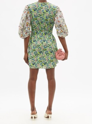 Rhode Resort Pia Floral-print Ruched Cotton-poplin Mini Dress - Green