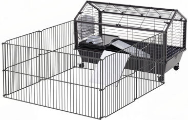 Small Animal Playpen Cage w/ Rolling Caster, Water Bottle, 35" L