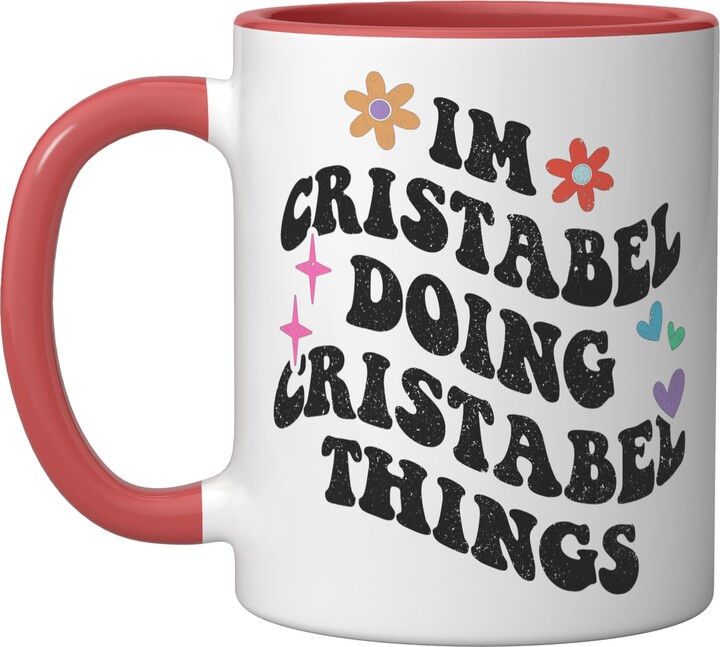 Personalized Name Mothers Day outfit For Women Retro Groovy Im Cristabel Doing Cristabel Things Funny Ceramic Mug, Red/White