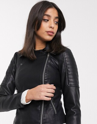 Noisy May Petite leather look biker jacket in black