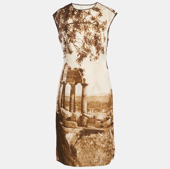 Pre-Owned Dolce & Gabbana Women's Beige Digital Greek Temple Print Silk Sleeveless Midi Dress