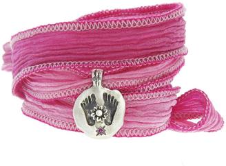 Catherine Michiels Buddha's Feet Pink Sapphire Silver Charm & Silk Bracelet Wrap