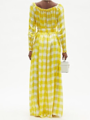 MARTA FERRI Check-print Gathered-faille Maxi Dress - Yellow White