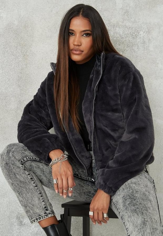 grey fur bomber jacket
