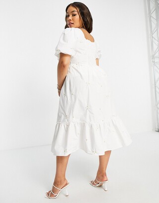 Vero Moda Curve organic cotton embroidered midi smock dress in white