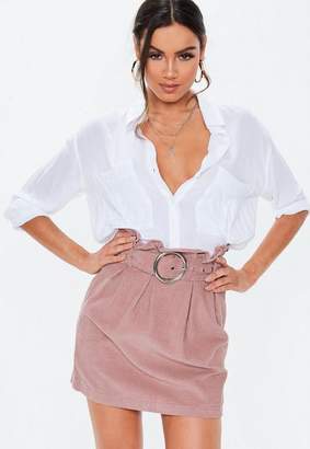 Missguided Blush Paperbag Waist Belted Cord Skirt
