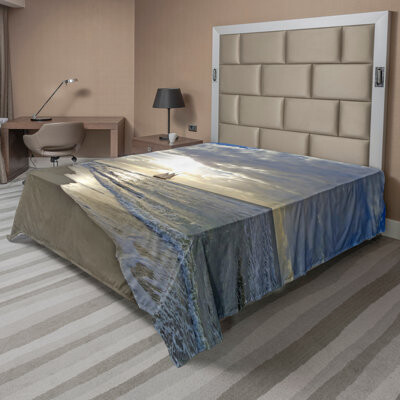 Ambesonne Beach Top Flat Sheet Sailing Shipt Sunset Full Blue Beige White