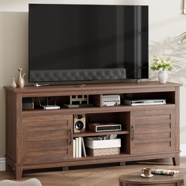 Jojoka FarmhouseTVStandwithCabinetDoorsEntertainmentCenterwithAdjustableShelvesMediaConsolefor63inchTVforLivingRoomBedroomBrown