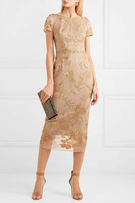 Marchesa Notte - Embellished Embroidered Tulle Midi Dress - Gold