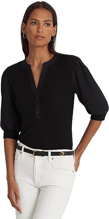 Lauren Ralph Lauren Petite Cotton Blend Puff Sleeve Henley Tee (Black) Women's  Clothing - ShopStyle T-shirts