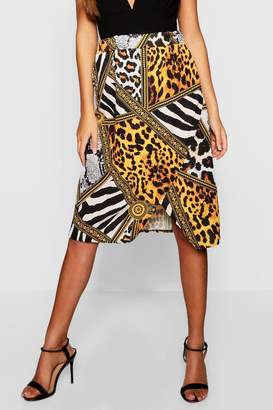 boohoo Mixed Animal Print Wrap Midi Skirt