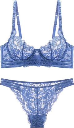 Women's Blue Lace Mesh Print Tube See Through Sleeveless Lingerie Set
