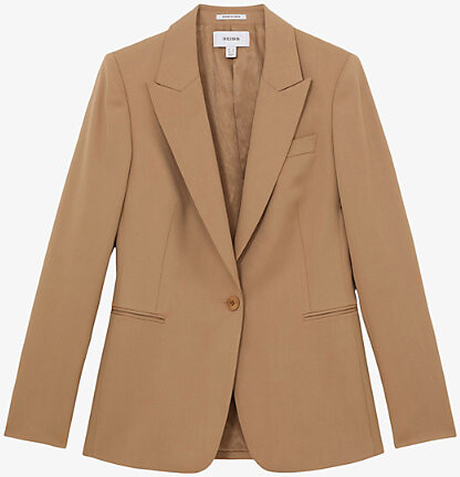 Reiss Womens Camel Jade Single-Breasted Stretch-Woven Blazer 16