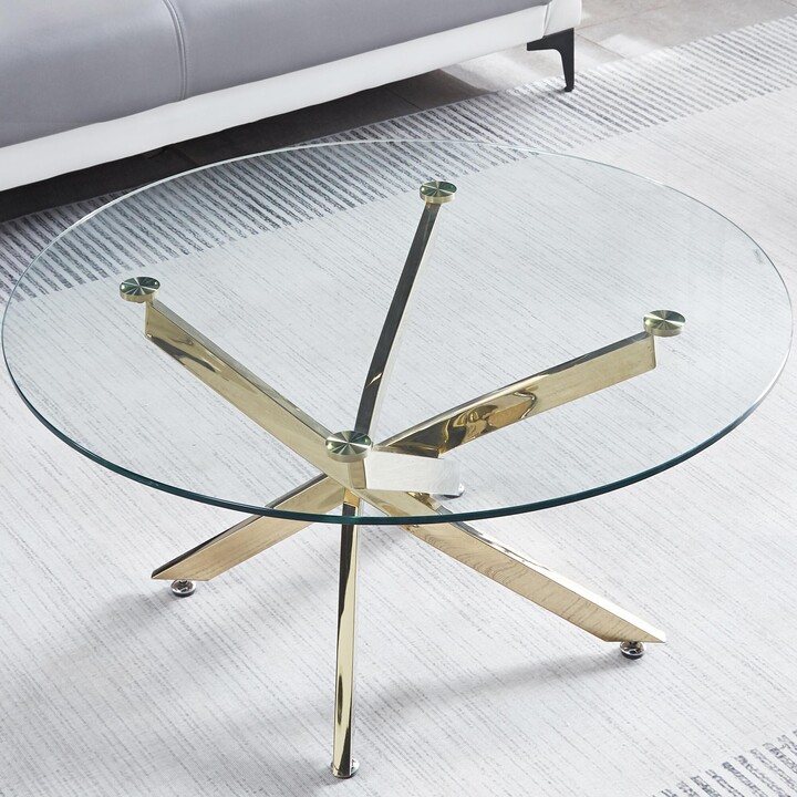 TOSWIN Modern Round Tempered Glass Coffee Table with Chrome Legs & Sculptural Base Composed of