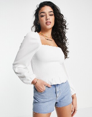 New Look shirred square neck long sleeved top in off white
