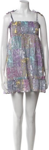 MC2 Saint Barth Tent Dress Purple Printed Pleated & Ruffle Accents Sleeveless with Square Neckline Concealed Zip Closure at Back | MC2 Saint Barth Printed Mini Dress in Purple, Women's S