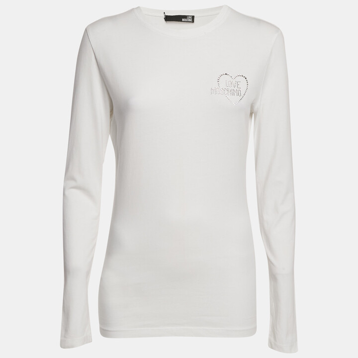 Love Moschino White Logo Rhinestone Jersey Long Sleeve T-Shirt M