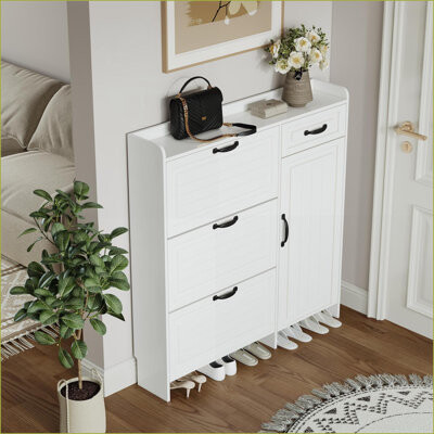 Latitude Run Shoe Cabinet with 3 Drop-Down Doors & 2 Drawers Snow White MDF Large Storage | Minimalist | Hallway